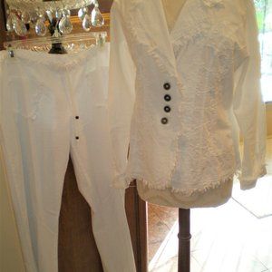 Giocam 2 Pc White Cotton Frayed Pants & Embroidered Blazer Jacket OUTFIT XL NWOT